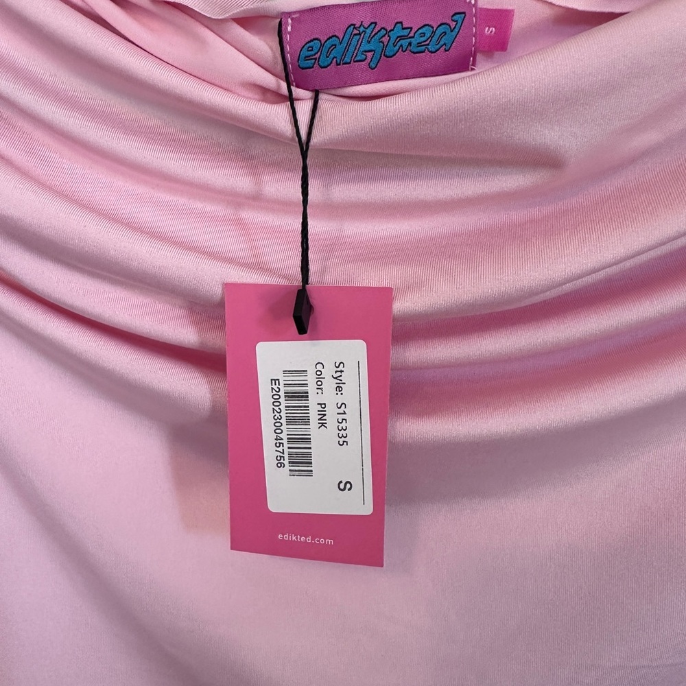 NWT Edikted Pink Off Shoulder Ruched Long Bell Sleeve Mini Dress - Picture 6 of 6